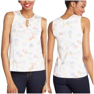 ModCloth | White Passport Stamps Travel Familiar Feeling Sleeveless Top XXS